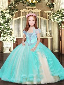 Aqua Blue Ball Gowns Straps Sleeveless Tulle Floor Length Lace Up Beading Little Girls Pageant Dress