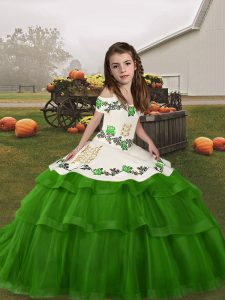 Graceful Green Straps Neckline Embroidery and Ruffled Layers Little Girl Pageant Gowns Sleeveless Lace Up