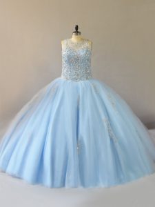 Light Blue Tulle Lace Up Scoop Sleeveless Floor Length Ball Gown Prom Dress Beading