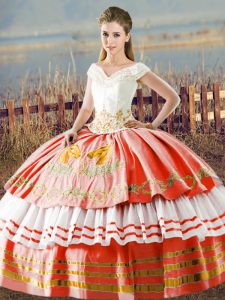 White And Red Ball Gowns Satin V-neck Sleeveless Embroidery and Ruffled Layers Floor Length Lace Up Quinceanera Dresses