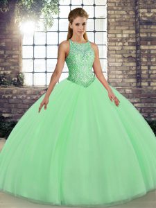 Tulle Scoop Sleeveless Lace Up Embroidery Quinceanera Gowns in Green