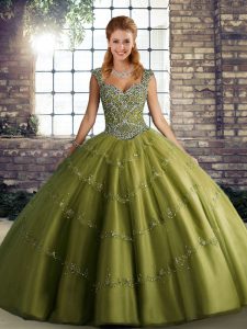 Artistic Olive Green Lace Up Sweet 16 Dress Beading and Appliques Sleeveless Floor Length