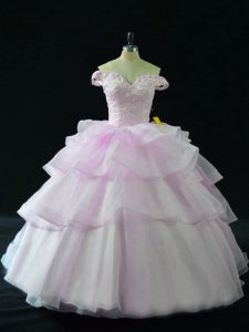Custom Made Lilac Organza Lace Up Off The Shoulder Sleeveless Quinceanera Dresses Brush Train Beading and Ruffled Layers
