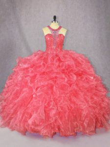 Coral Red Ball Gowns Beading and Ruffles Quinceanera Dresses Zipper Organza Sleeveless Floor Length