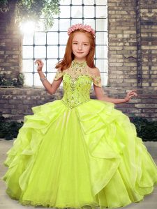 High-neck Sleeveless Lace Up Pageant Dress for Teens Yellow Green Organza