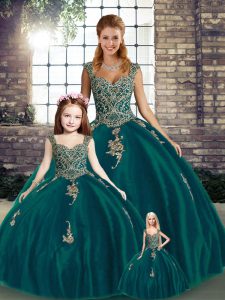 Noble Floor Length Peacock Green Sweet 16 Quinceanera Dress Tulle Sleeveless Beading and Appliques