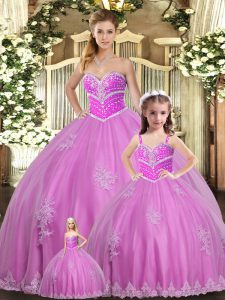 Lilac Lace Up Quinceanera Gown Beading and Appliques Sleeveless Floor Length