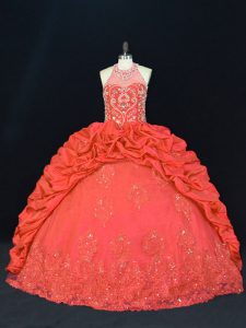 Excellent Red Halter Top Neckline Beading and Appliques and Embroidery Quinceanera Gowns Sleeveless Lace Up