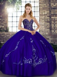 Custom Fit Tulle Sweetheart Sleeveless Lace Up Beading and Embroidery Ball Gown Prom Dress in Purple