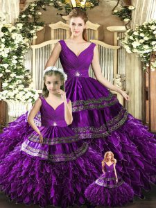 V-neck Sleeveless Backless Sweet 16 Dress Purple Organza