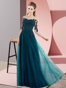 Admirable Half Sleeves Chiffon Floor Length Lace Up Dama Dress in Peacock Green with Beading and Lace