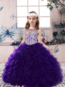 Glorious Purple Sleeveless Floor Length Beading and Ruffles Lace Up Little Girls Pageant Dress