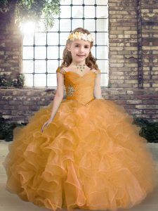 Excellent Orange Ball Gowns Beading and Ruffles Pageant Dress for Womens Lace Up Organza Sleeveless Floor Length