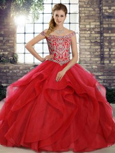 Designer Red Tulle Lace Up Quinceanera Gowns Sleeveless Brush Train Beading and Ruffles