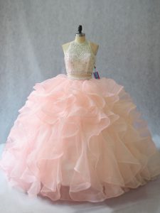 Backless 15 Quinceanera Dress Peach for Sweet 16 and Quinceanera with Beading and Ruffles Brush Train