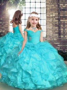 Aqua Blue Straps Lace Up Beading and Ruffles High School Pageant Dress Sleeveless