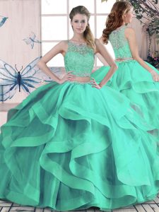 Pretty Scoop Sleeveless Lace Up Sweet 16 Quinceanera Dress Turquoise Tulle