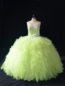 Hot Sale Yellow Green Ball Gowns Beading and Ruffles Quinceanera Gown Lace Up Tulle Sleeveless Floor Length