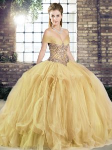 Floor Length Ball Gowns Sleeveless Gold Quince Ball Gowns Lace Up