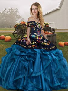 Sleeveless Floor Length Embroidery and Ruffles Lace Up 15th Birthday Dress with Blue And Black