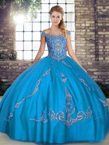 Blue Ball Gowns Beading and Embroidery 15th Birthday Dress Lace Up Tulle Sleeveless Floor Length