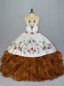 Sleeveless Organza Floor Length Lace Up Sweet 16 Dresses in Brown with Embroidery and Ruffles