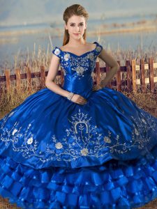 Superior Embroidery and Ruffled Layers Quinceanera Gowns Royal Blue Lace Up Sleeveless Floor Length