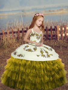 Floor Length Lace Up Little Girls Pageant Dress Wholesale Olive Green for Party and Wedding Party with Embroidery and Ruffles