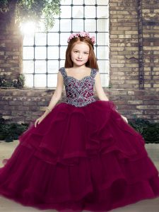Dazzling Straps Sleeveless Tulle Girls Pageant Dresses Beading and Ruffles Lace Up