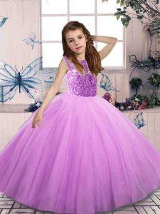 Latest Floor Length Ball Gowns Sleeveless Lilac Little Girls Pageant Gowns Lace Up