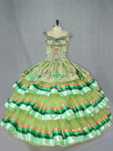 Olive Green Straps Neckline Embroidery and Ruffled Layers Quince Ball Gowns Sleeveless Lace Up