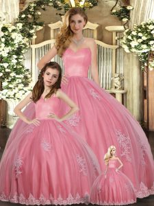High Quality Sweetheart Sleeveless Sweet 16 Dress Floor Length Appliques Watermelon Red Tulle