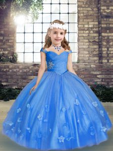 Exquisite Sleeveless Tulle Floor Length Lace Up High School Pageant Dress in Blue with Beading and Hand Made Flower