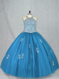 Blue Ball Gowns Tulle Halter Top Sleeveless Beading and Appliques Floor Length Lace Up Quinceanera Gown