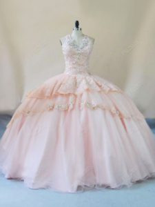 Peach Lace Up Halter Top Beading and Lace and Appliques Quinceanera Dresses Tulle Sleeveless