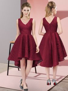 Beauteous V-neck Sleeveless Quinceanera Dama Dress High Low Lace Burgundy Lace
