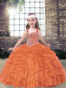 Orange Red Tulle Lace Up Straps Sleeveless Floor Length Little Girls Pageant Dress Beading and Ruffles