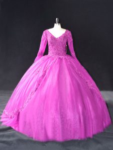 Luxury Floor Length Lace Up Quinceanera Dress Fuchsia for Sweet 16 and Quinceanera with Lace and Appliques