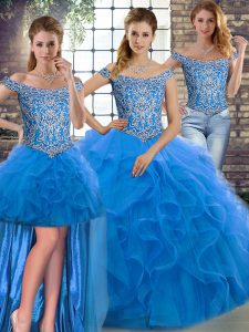 Blue Tulle Lace Up Off The Shoulder Sleeveless 15 Quinceanera Dress Brush Train Beading and Ruffles