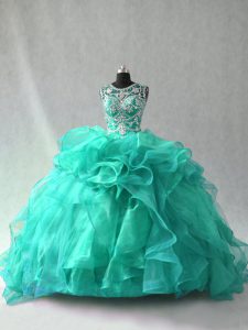 Turquoise Ball Gowns Scoop Sleeveless Organza Floor Length Lace Up Beading and Ruffles Quinceanera Dresses