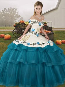 Admirable Lace Up Quinceanera Gowns Teal for Military Ball and Sweet 16 and Quinceanera with Embroidery and Ruffled Layers Brush Train