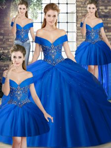 Simple Sleeveless Beading and Pick Ups Lace Up Ball Gown Prom Dress with Royal Blue Brush Train