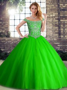 Sleeveless Tulle Brush Train Lace Up Sweet 16 Dresses in Green with Beading