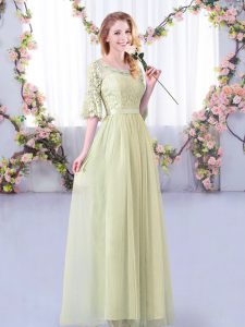 Custom Fit Yellow Green Side Zipper Damas Dress Lace and Belt Half Sleeves Floor Length