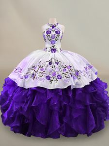 Organza Halter Top Long Sleeves Lace Up Embroidery and Ruffles 15 Quinceanera Dress in White And Purple