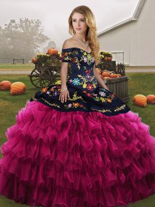 Traditional Fuchsia Sleeveless Floor Length Embroidery and Ruffled Layers Lace Up Quinceanera Gown