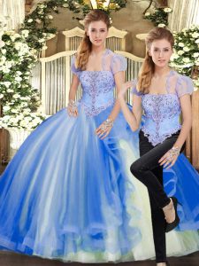 Smart Blue Two Pieces Beading and Ruffles Sweet 16 Dresses Lace Up Tulle Sleeveless Floor Length
