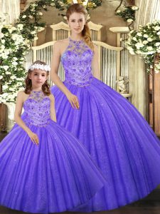 Lavender Ball Gowns Tulle Halter Top Sleeveless Beading Floor Length Lace Up Quinceanera Dresses