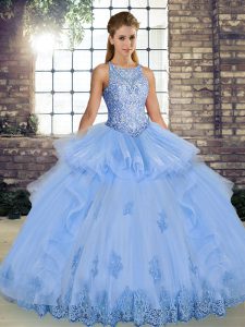 Elegant Lavender Sleeveless Floor Length Lace and Embroidery and Ruffles Lace Up Quinceanera Dress