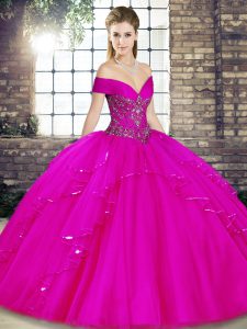Tulle Off The Shoulder Sleeveless Lace Up Beading and Ruffles Quinceanera Dress in Fuchsia
